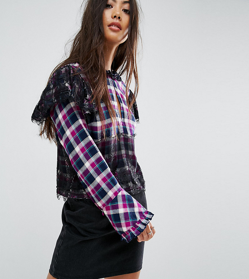 ASOS PETITE Check Smock long sleeve top with Lace Detail-Multi