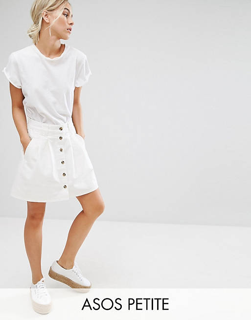 ASOS PETITE Denim Button Through Skater Skirt in White