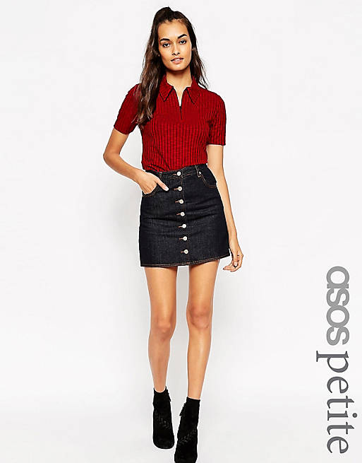 ASOS PETITE Denim Dolly A-line Button Through Mini Skirt in Indigo with Contrast Stitching