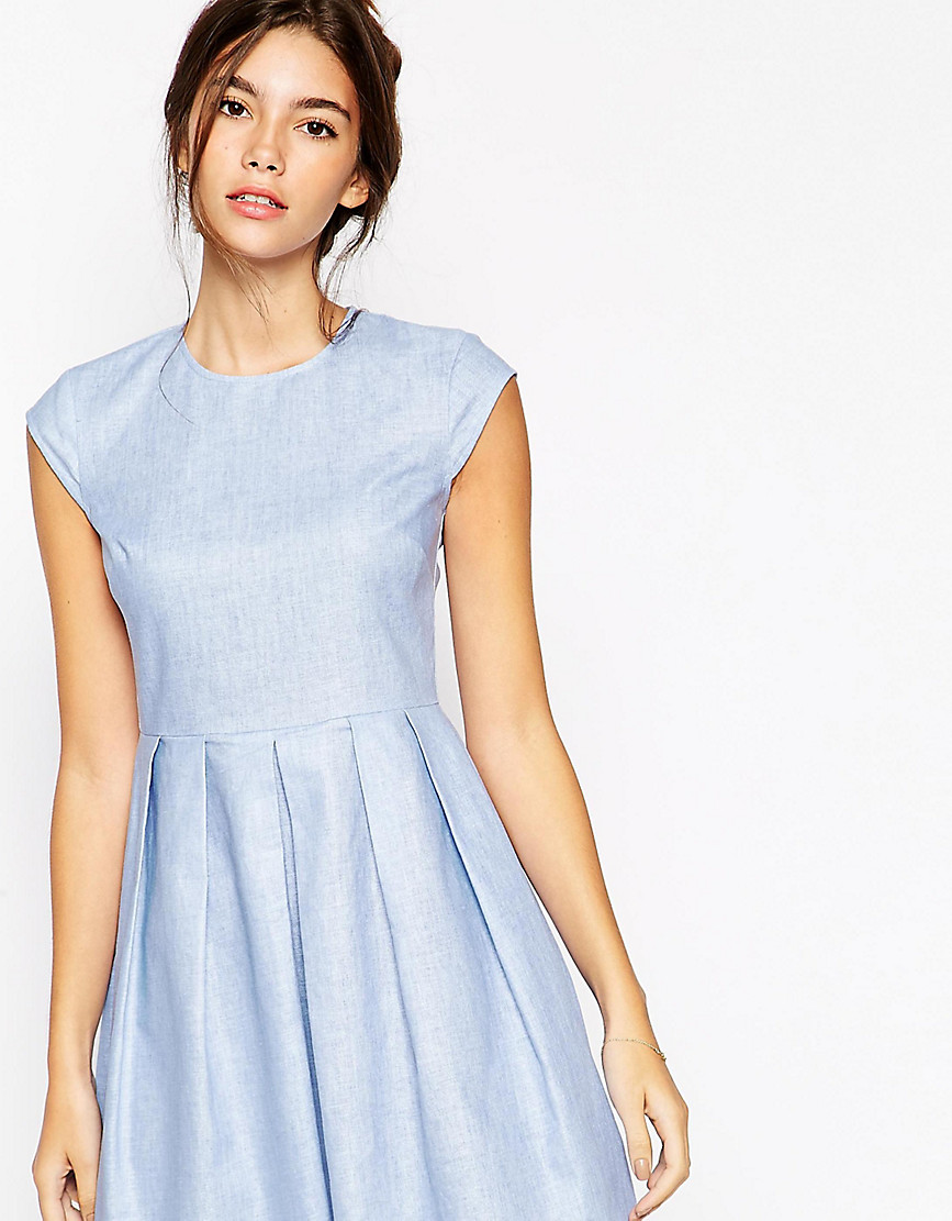 ASOS PETITE Dress in Chambray Linen with Short Sleeves-Pink