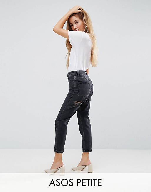 ASOS PETITE FARLEIGH High Waist Slim Mom Jeans in Washed Black with Bum ...