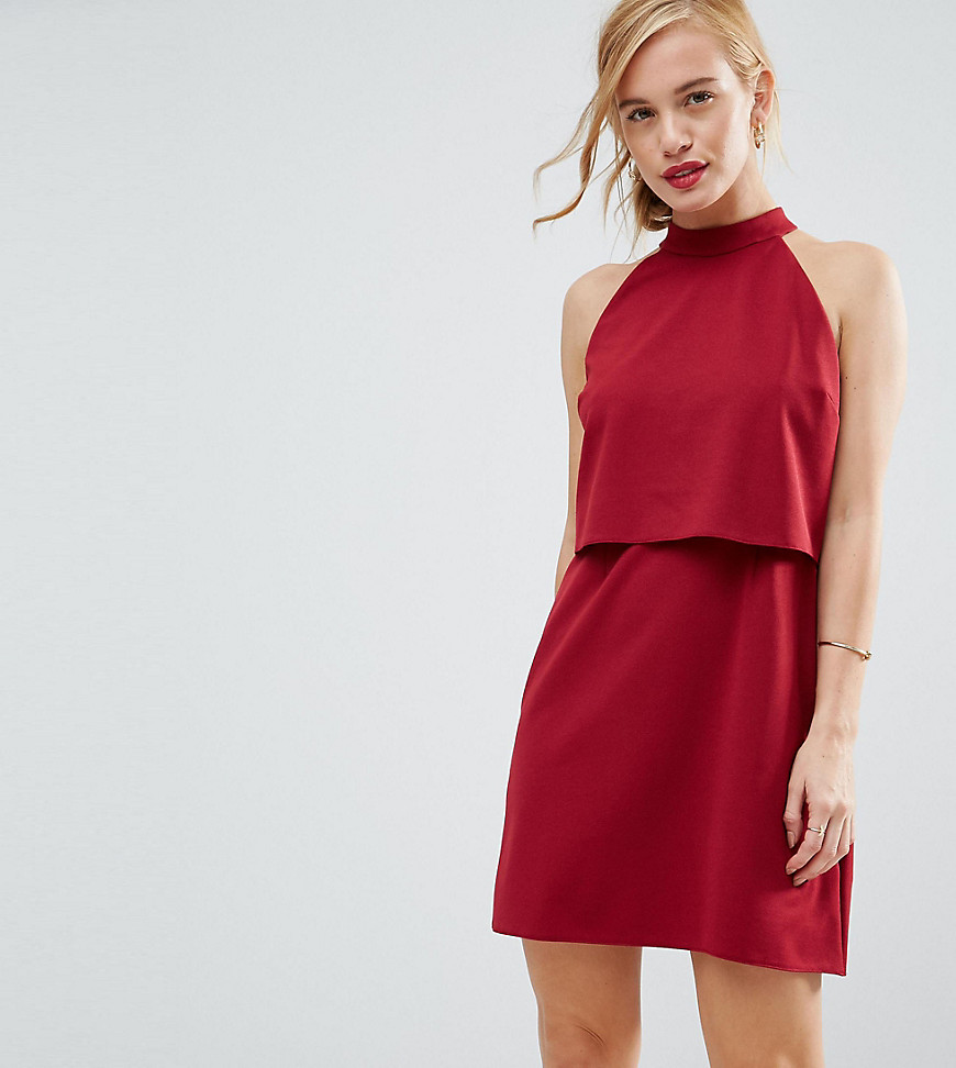 ASOS PETITE - Hoogsluitende jurk met twee lagen-Rood
