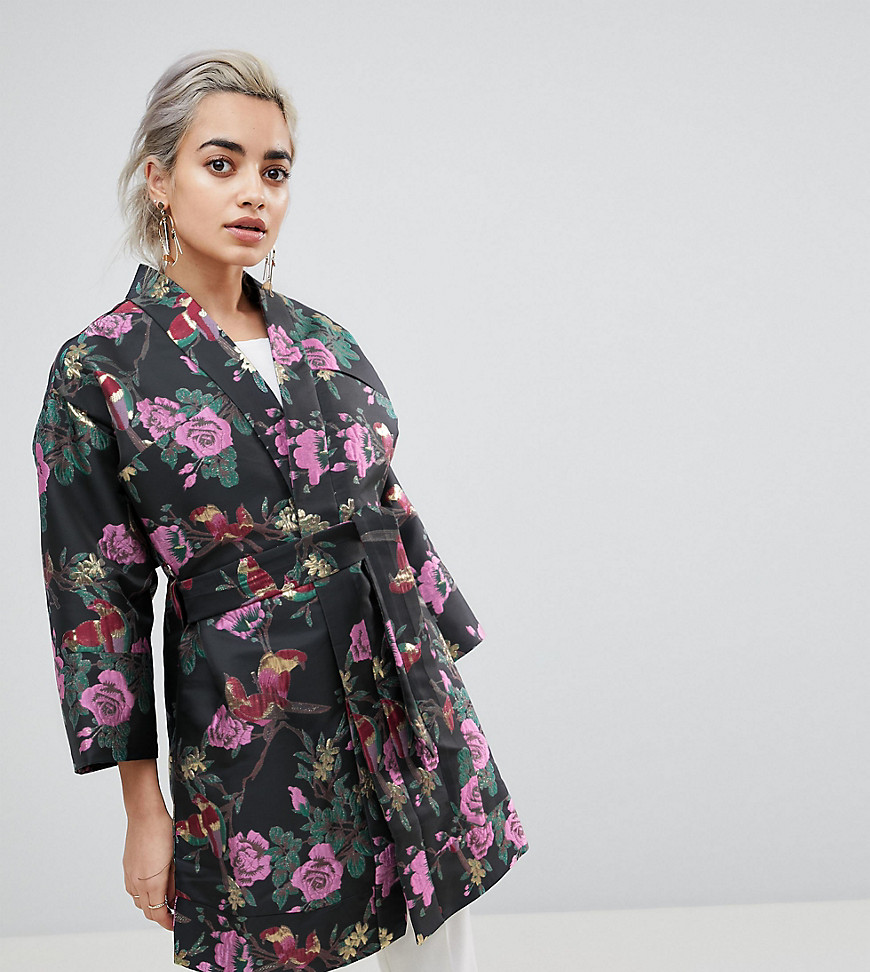 ASOS PETITE - Kimono-jasje van donkere jacquardstof met bloemenprint-Multi