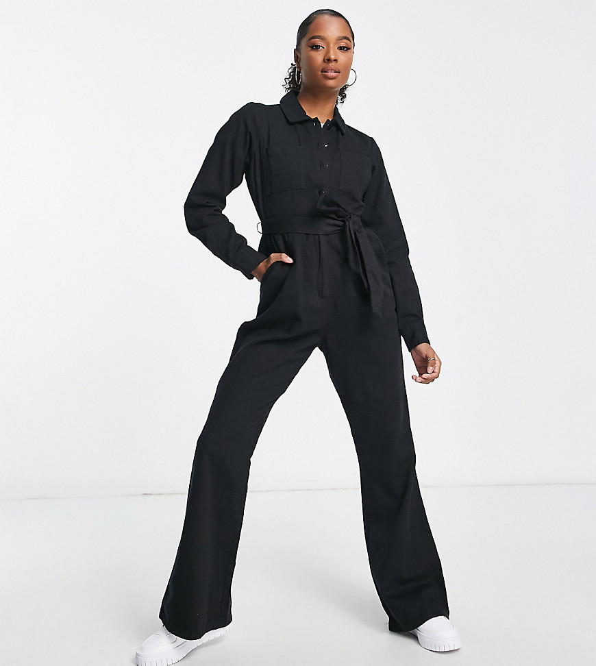 ASOS Petite long sleeve twill boilersuit with collar in black