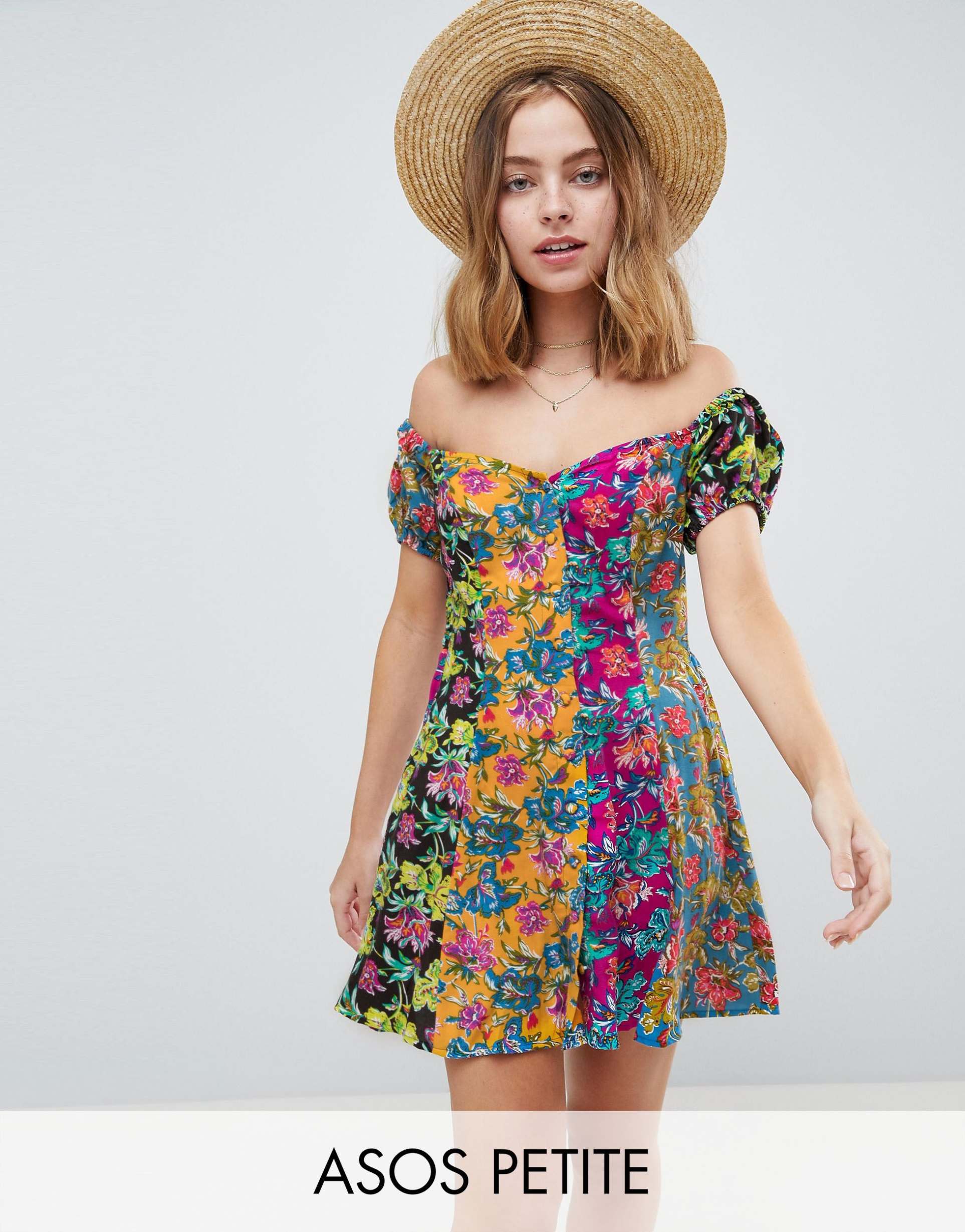 asos petite off the shoulder mixed print button through mini sundress