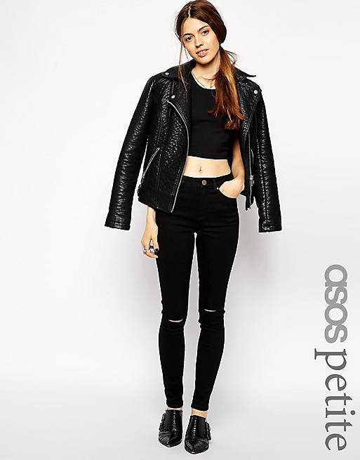 ASOS PETITE Ridley High Waist Ultra Skinny Jeans In Clean Black With Displaced Ripped Knees