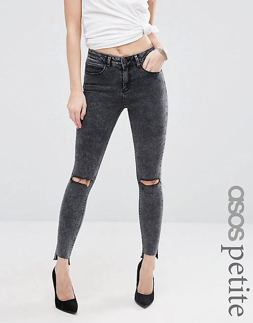 ASOS PETITE Ridley Skinny Jeans In Acid Black with Extreme Busts and Raw Hem