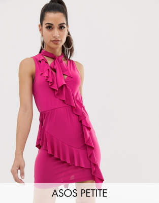 Asos Petite Ruffle Mini Body-conscious Dress With Bow Neck-pink