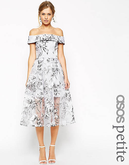 ASOS PETITE SALON Bardot Dress In Organza Floral Midi
