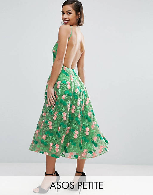 ASOS PETITE SALON Floral Embroidered Backless Pinny Midi Prom Dress