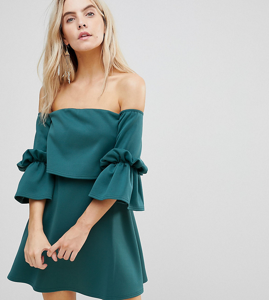 ASOS PETITE Scuba Crop Top Bardot Fluted Sleeve Mini Dress-Green