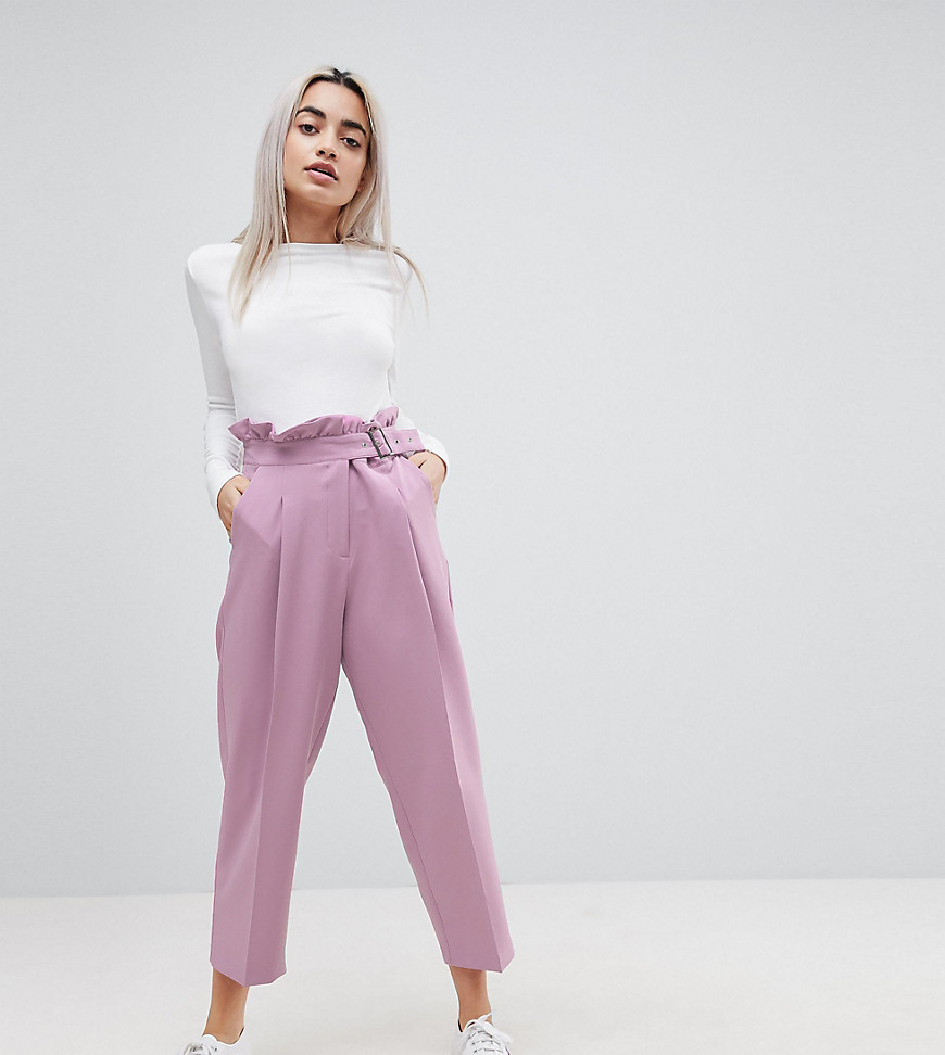 Asos Petite Tailored Frill Waist Pants With Buckle Detail-purple