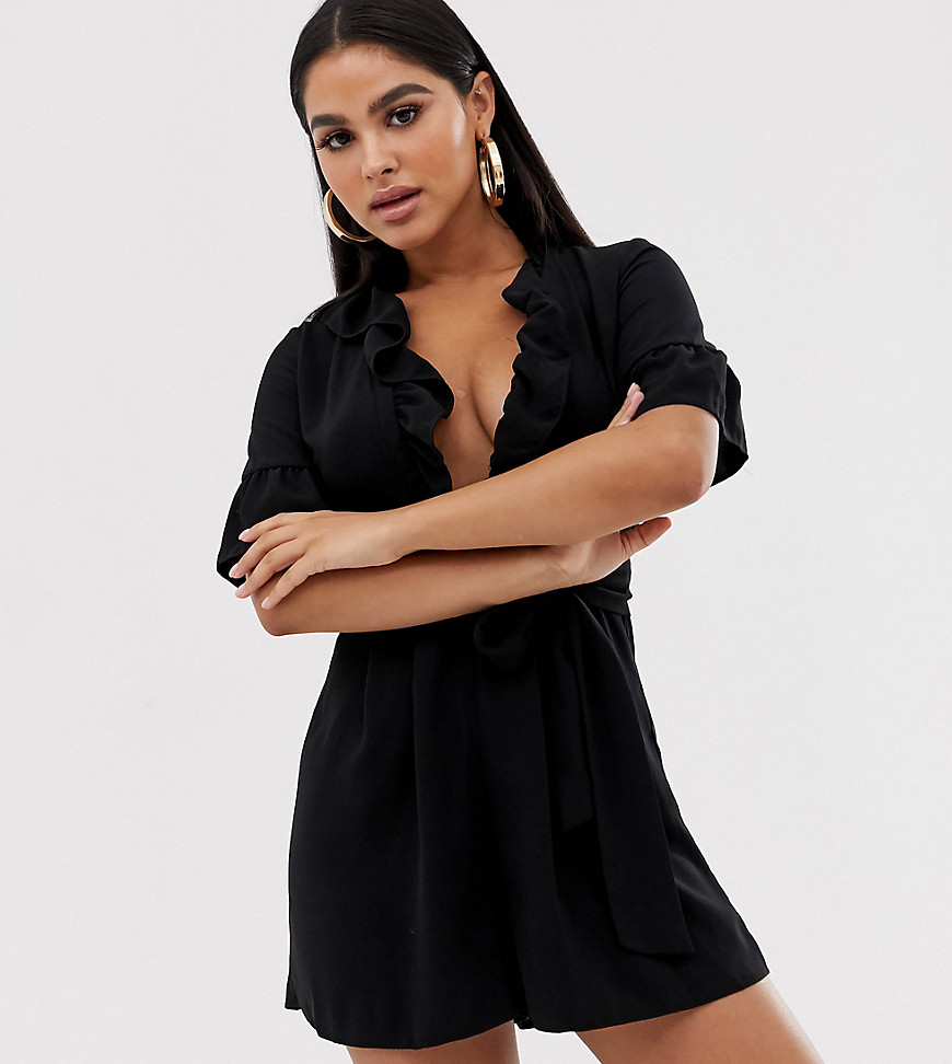 ASOS PETITE Tea Romper with Plunge Neck and Ruffle Detail-Black