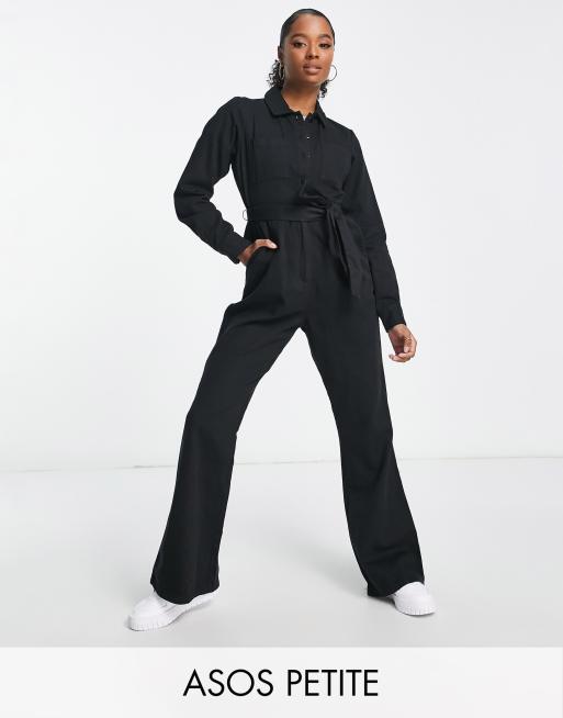 ASOS Petite - Tuta a maniche lunghe in twill con colletto nera