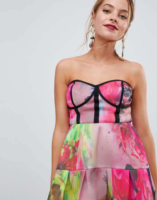 ASOS PETITE Vestito midi da cerimonia a fascia in tessuto a rete accoppiato con stampa floreale