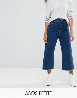 ASOS PETITE Wide Leg Jeans With Raw Waistband in Blue | ASOS