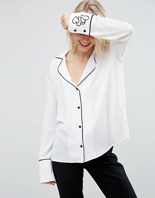 ASOS Piped Pajama Blouse With Embroidered Heart Cuff