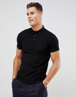 ASOS Pique Polo With Button Down Collar In Black