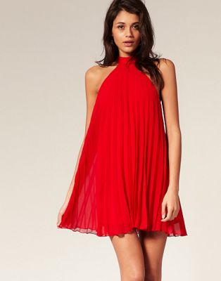 red pleated swing dress