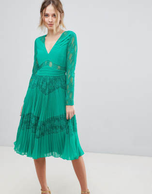 pleated lace midi dress