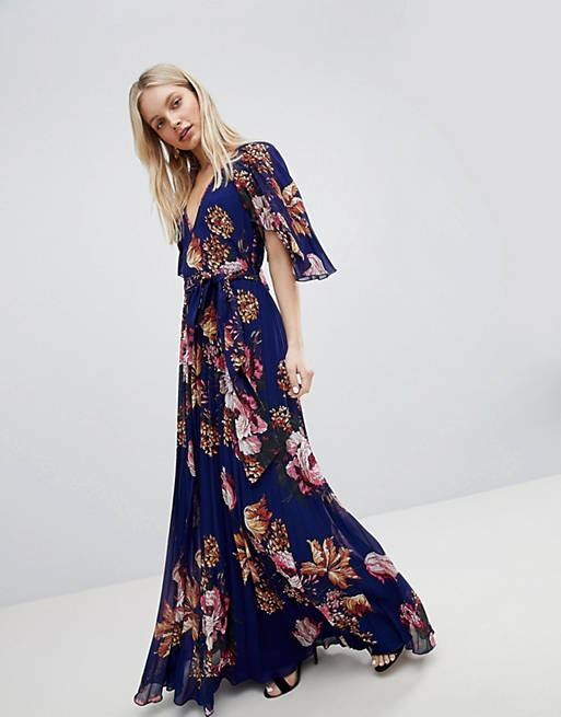 ASOS Pleated Maxi Dress with Flutter Sleeve in Floral Print