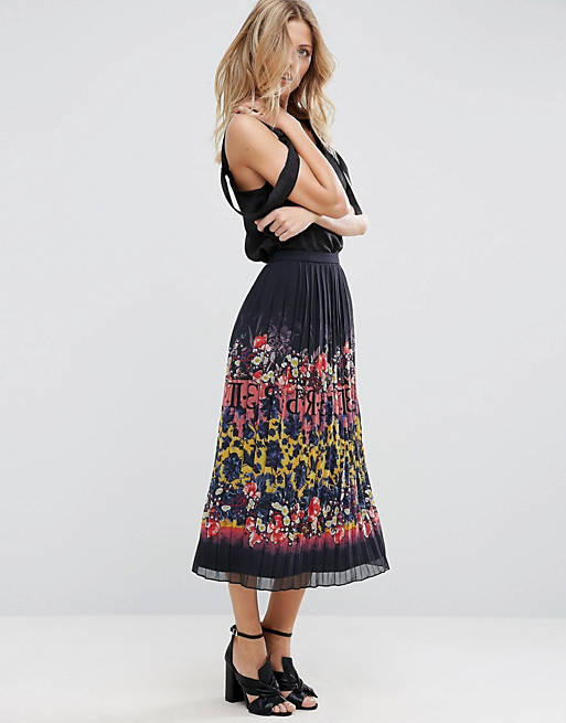 ASOS Pleated Midi Skirt in Floral Numeral Print