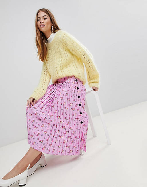 ASOS pleated midi skirt in floral print with side buttons