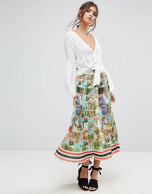 ASOS Pleated Midi Skirt in Postcard Print