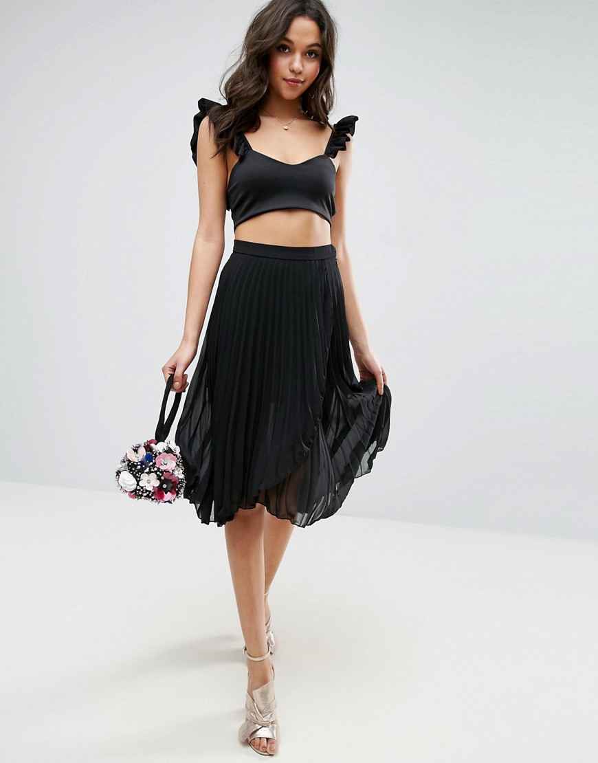 ASOS Pleated Midi Skirt with Wrap Front Detail-Black