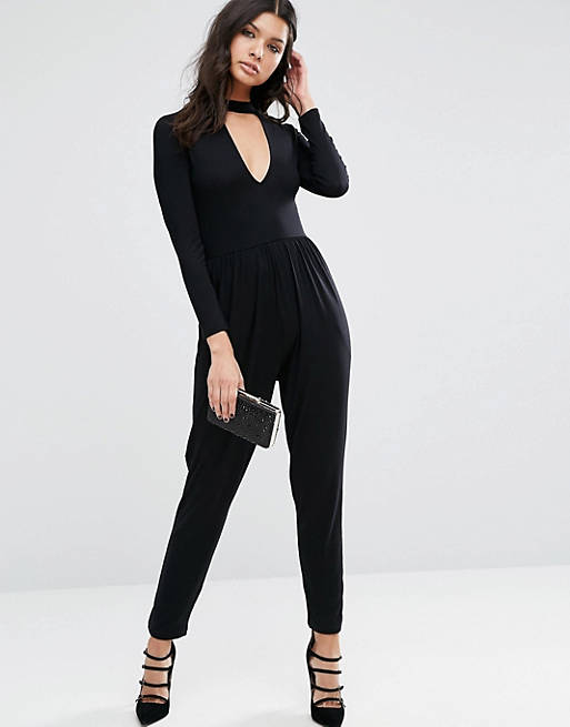ASOS Plunge Neck Jersey Jumpsuit with Long Sleeve | ASOS