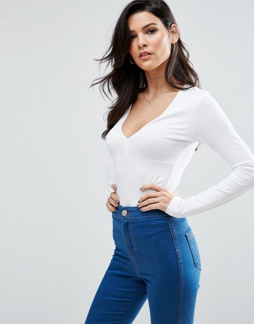 ASOS Plunge Neck Top With Long Sleeves | ASOS