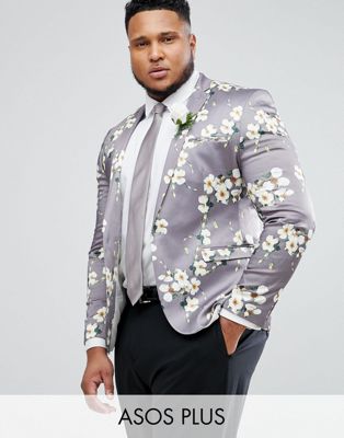ASOS PLUS Bröllop - Blazer i smal passform med grått blommönster