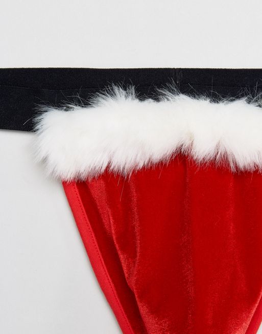 ASOS Christmas Thong With White Fluff In Red