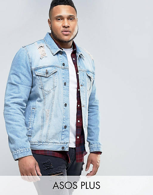 ASOS PLUS Denim Jacket in Mid Wash With Rips