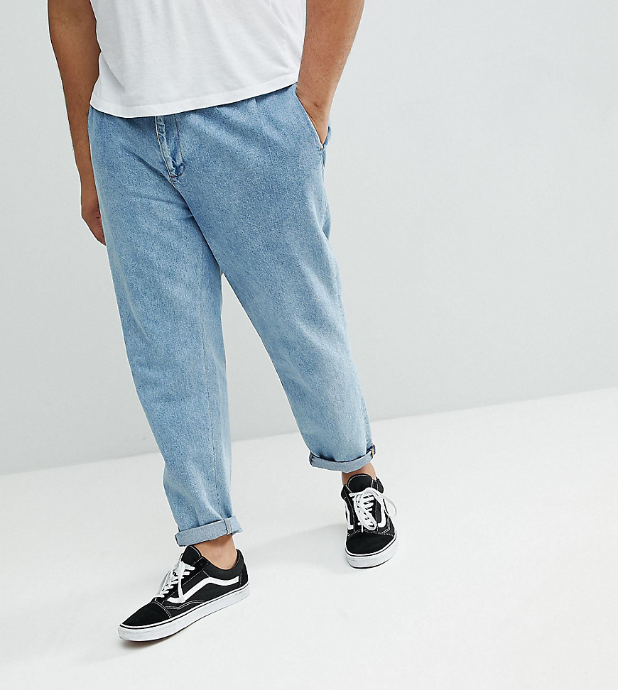 ASOS PLUS Double Pleated Jeans In Mid Wash Blue