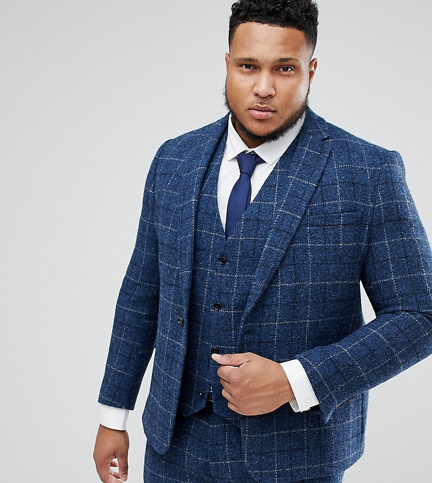 ASOS PLUS - Giacca da abito slim in Harris Tweed di lana 100% blu a quadri