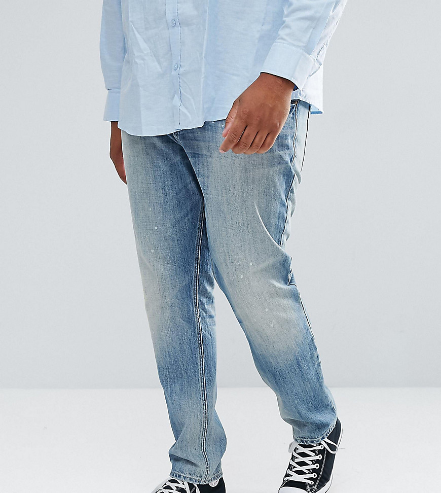 ASOS PLUS - Jeans slim lavaggio medio vintage con abrasioni-Blu