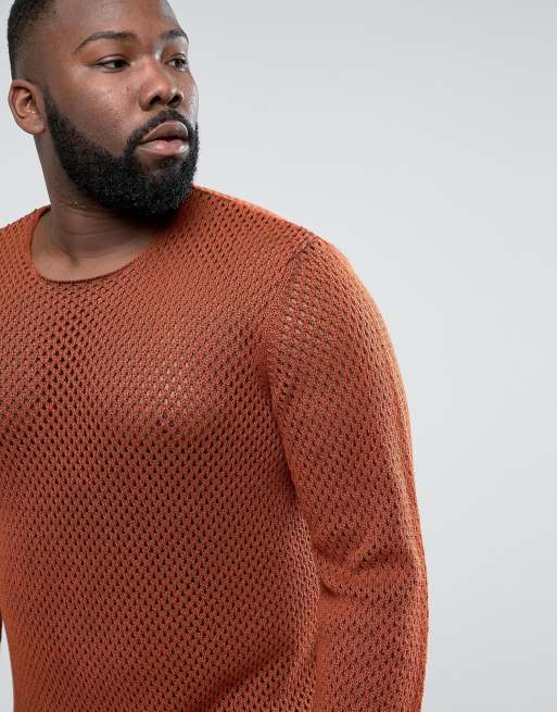 ASOS PLUS – Lang geschnittener, strukturierter Netz-Strickpullover in Rostrot, 3 von 4