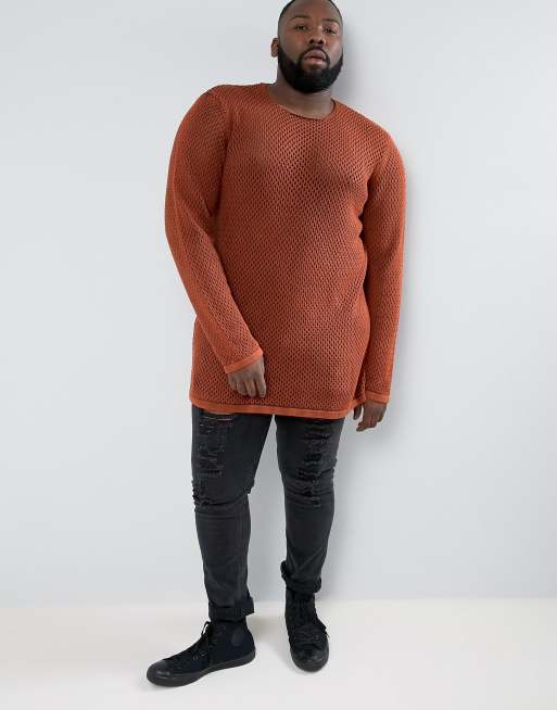 ASOS PLUS – Lang geschnittener, strukturierter Netz-Strickpullover in Rostrot, 4 von 4