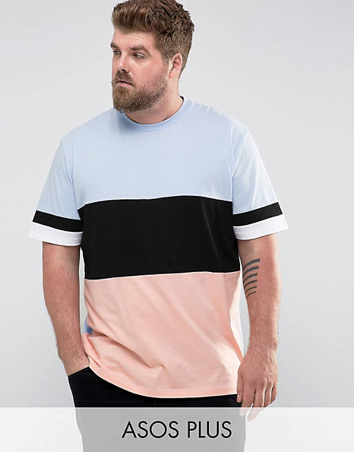 ASOS – PLUS – Lang geschnittenes T-Shirt mit abgerundetem Saum und Streifen an den Ärmeln im Farbblockdesign