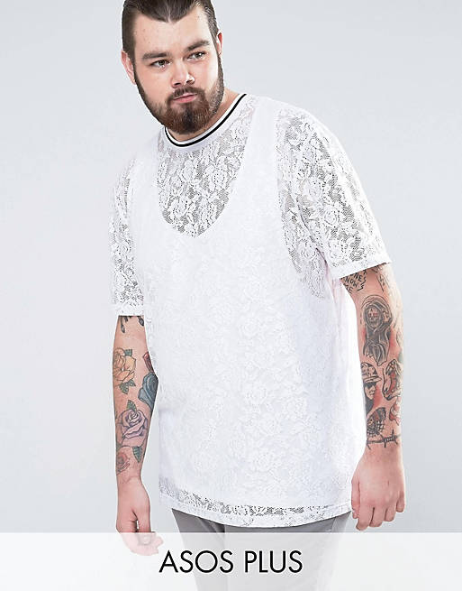 ASOS PLUS – Lang geschnittenes T-Shirt mit weißer Spitze