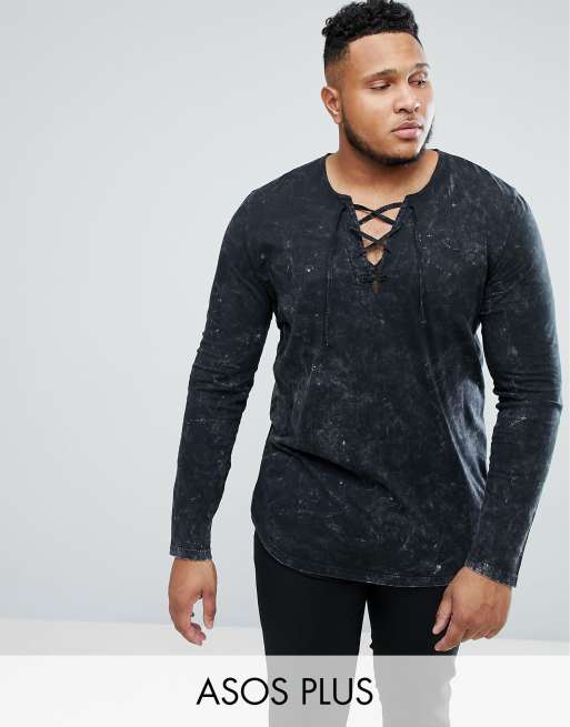 ASOS Plus - Lange T-shirt met lange mouwen in subtiele acid wash met veter aan de hals, in zwart