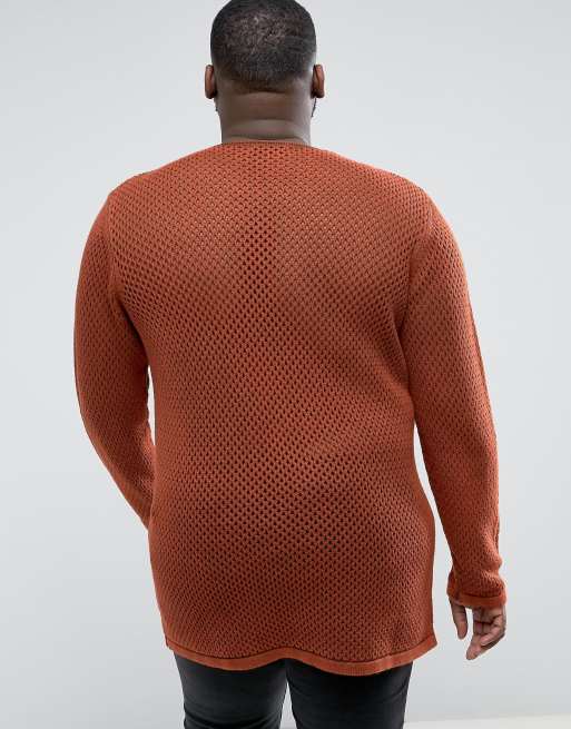 ASOS PLUS Longline Knitted Textured Mesh Jumper in Rust, 2 of 4