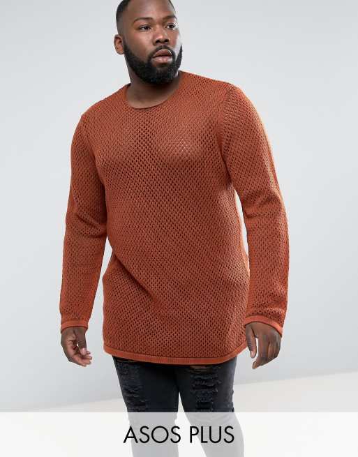 ASOS PLUS - Maglione lungo testurizzato con lavorazione a rete color ruggine