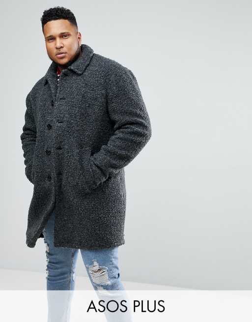 ASOS PLUS – Mörkgrå överrock i teddymaterial