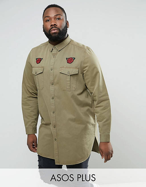 ASOS PLUS Overshirt In Super Longline With Distressing & Badging