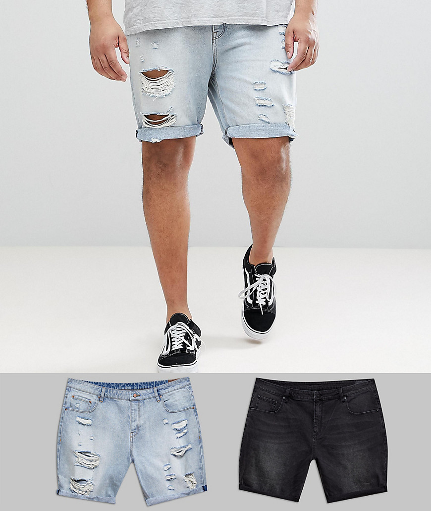 ASOS PLUS - Pantaloncini di jeans slim lavaggio chiaro e nero slavato con strappi vistosi-Multicolore