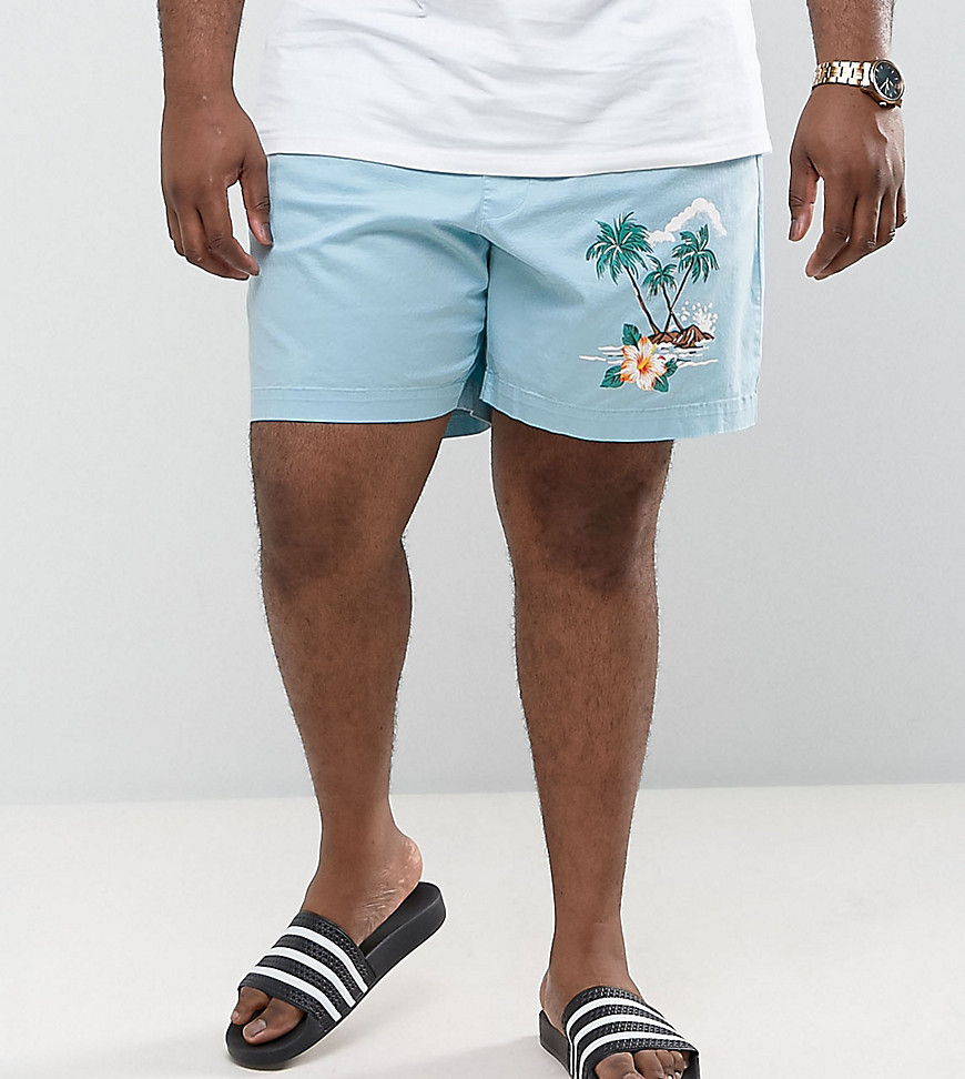 ASOS PLUS - Pantaloncini slim con elastico in vita e stampa di spiaggia-Blu