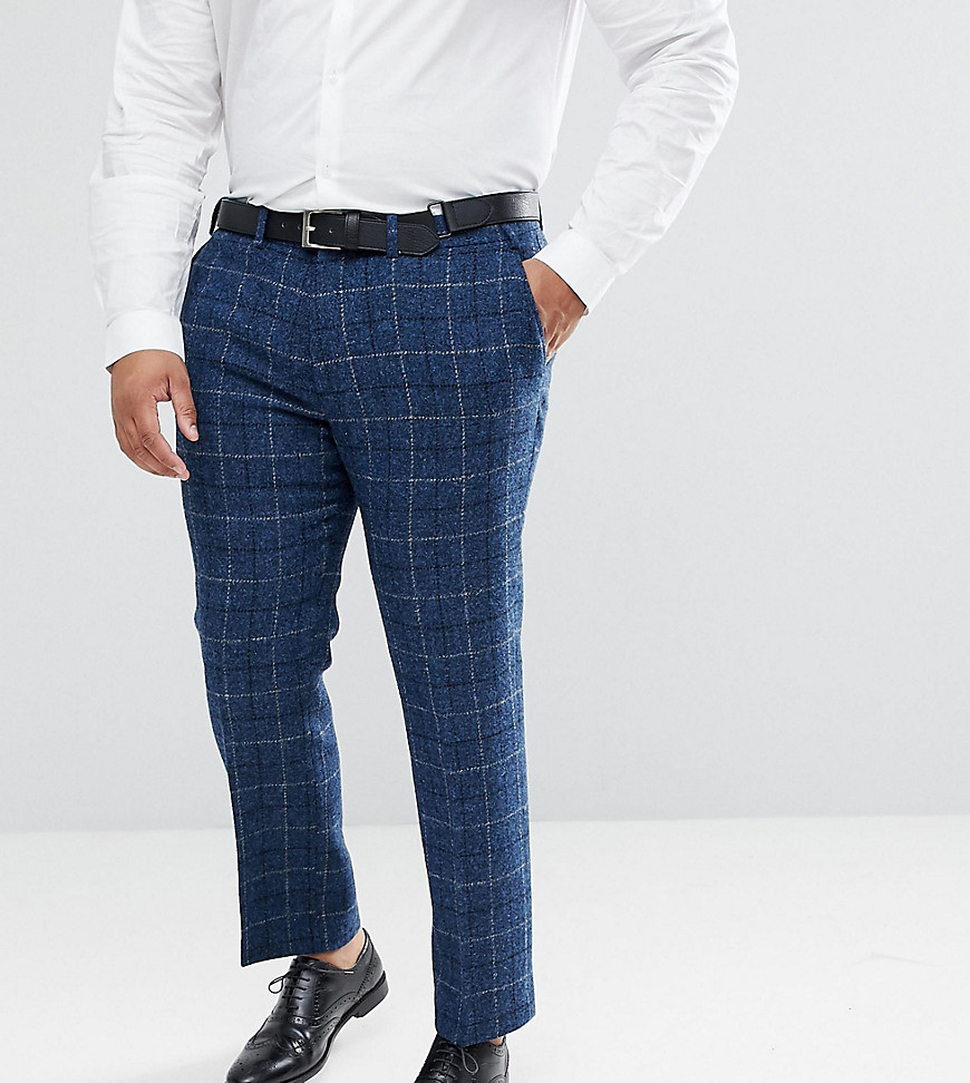 ASOS PLUS - Pantaloni da abito slim in 100% lana Harris Tweed blu a quadri a spina di pesce