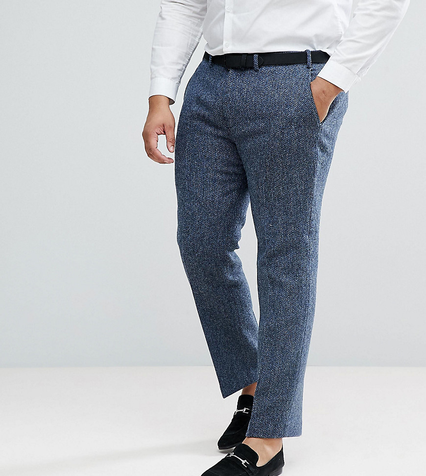ASOS PLUS - Pantaloni da abito slim in Harris tweed di 100% lana blu a quadretti